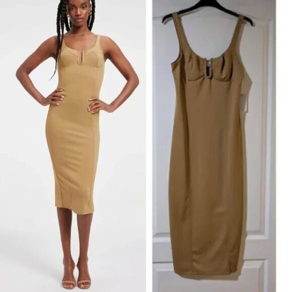 NWT Good American | Scuba U Corset Midi Dress In Pecan - Picture 1 of 7